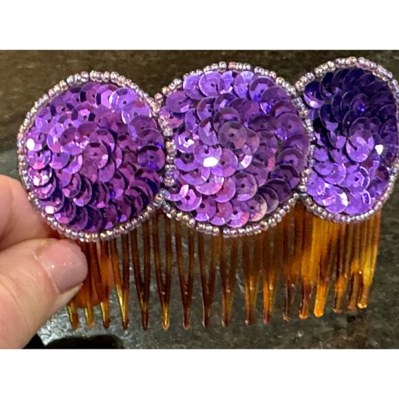 Vtg 1980\'s Purple Sequin 3 Circles Hair Side Comb Beaded Teeth Pick Women\'s main image 4